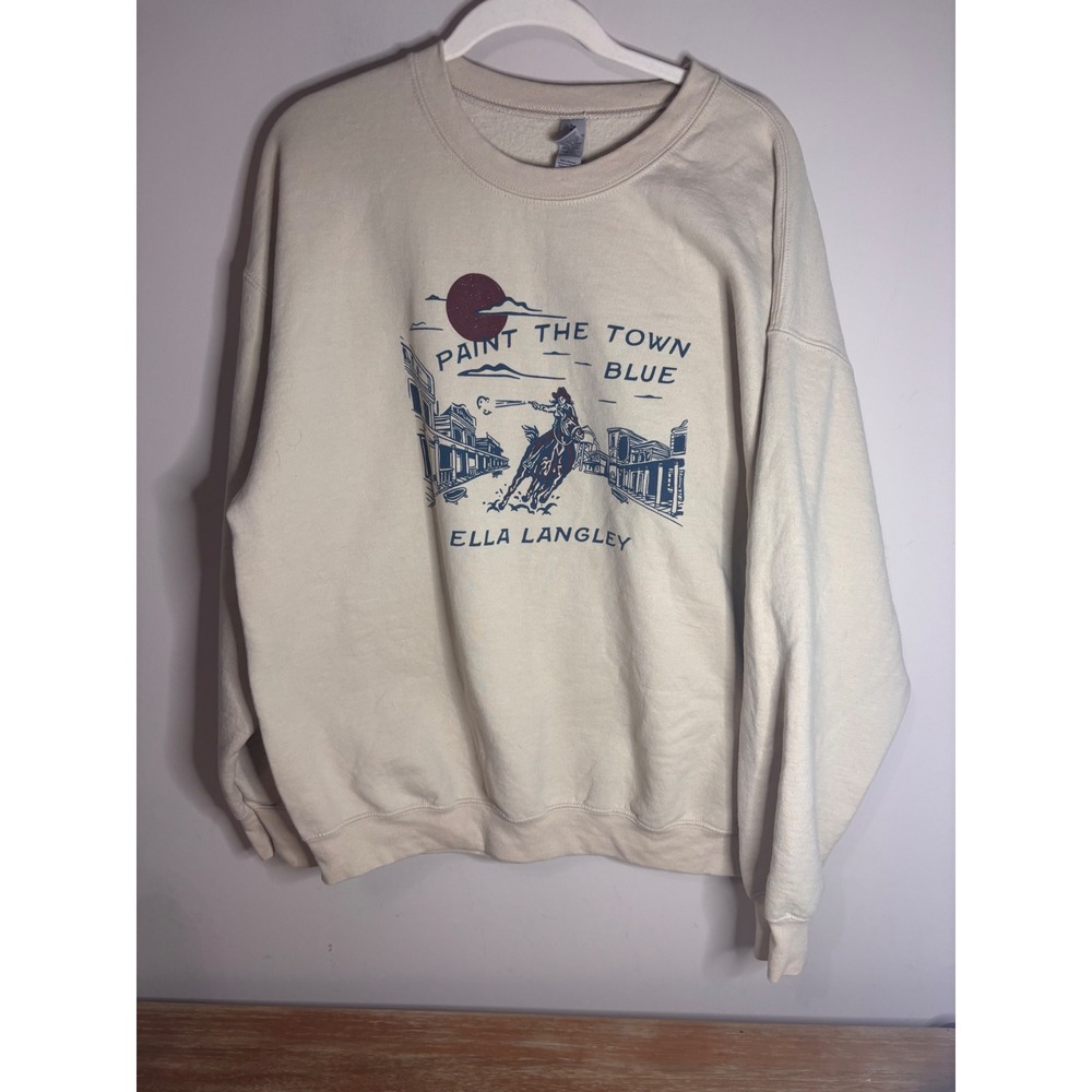 Ella Langley Paint The Town Blue Sweatshirt Tan Western Graphic Crewneck XL - Picture 2 of 8